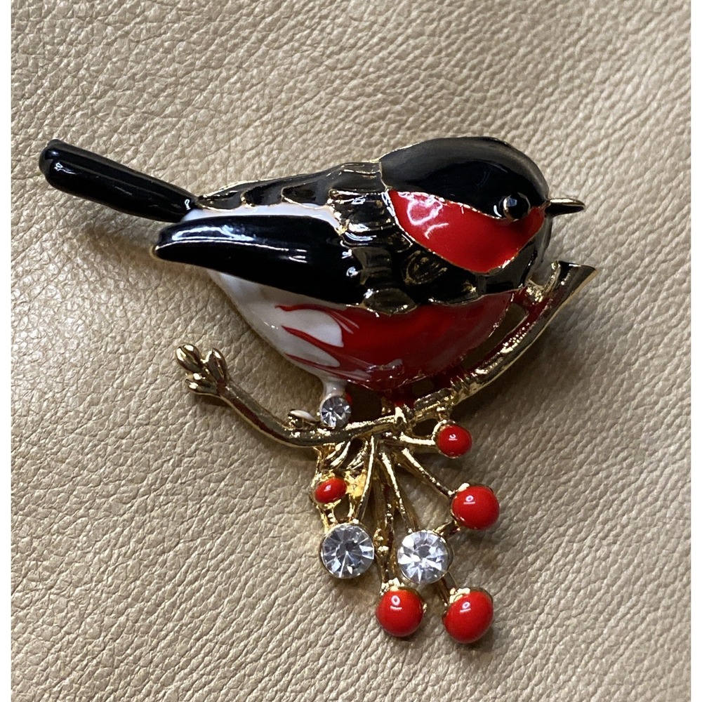 Robin Bird Brooch Enamel Over GoldToneMetal Standing On A Cherry Branch Tree NEW